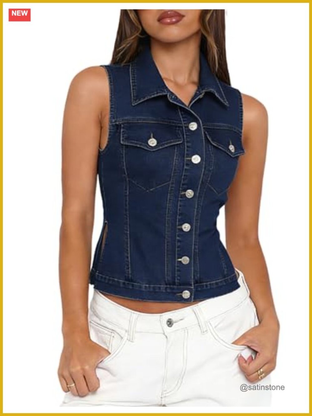 Women's Cotton Spandex Denim Vest Button Down Side Slit Sleeveless Jean Top